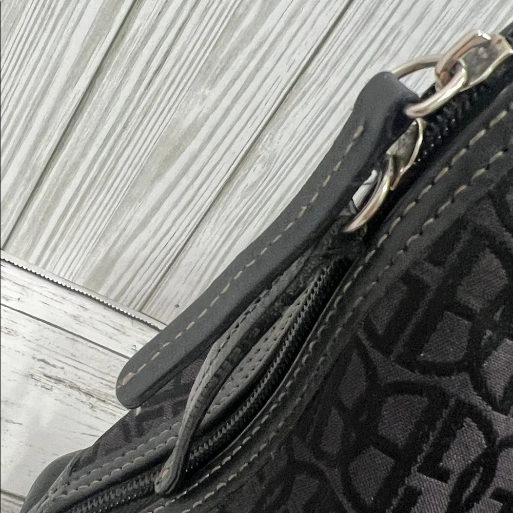 Gianni Bini Black Jacquard Logo Satchel Tote Handbag Leather Trim Structured Bag